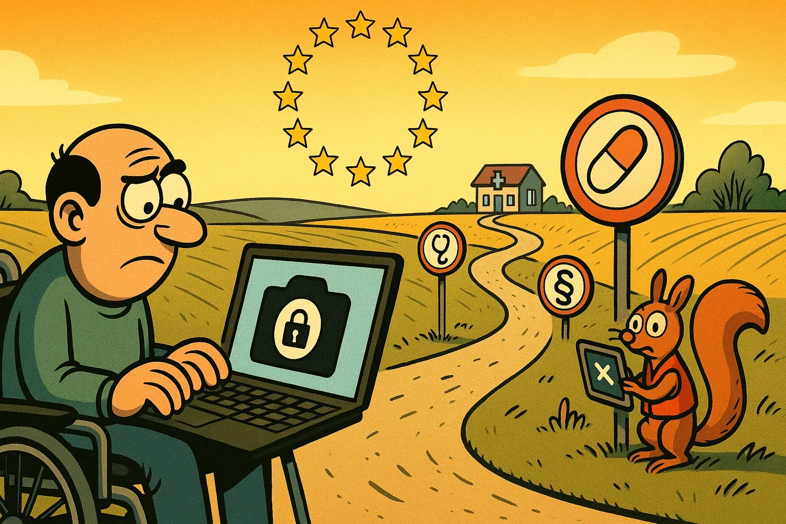 Illustration: Laptop mit gesperrter Videosprechstunde; im Hintergrund eine weit entfernte Landapotheke.