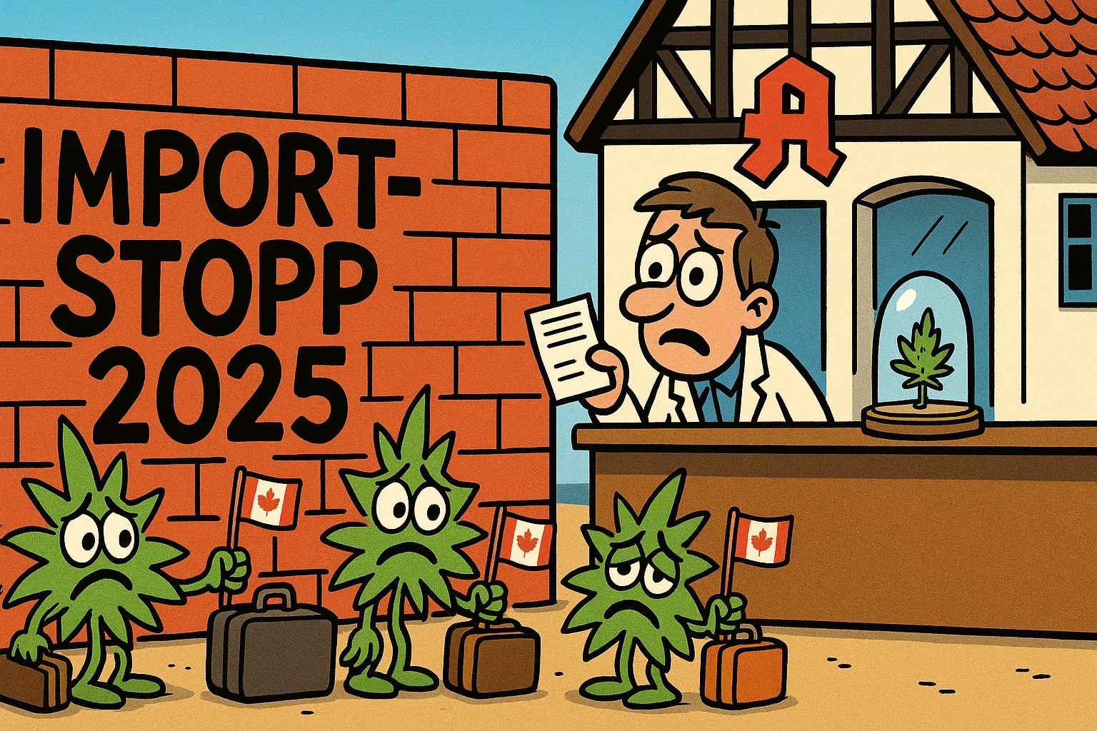 Boomender Medizinalcannabis-Markt wird politisch ausgebremst Karikatur einer Cannabis-Rakete mit der Aufschrift '900.000 Patienten', die von einer Hand mit der Aufschrift 'BMG-Gesetz' gestoppt wird.