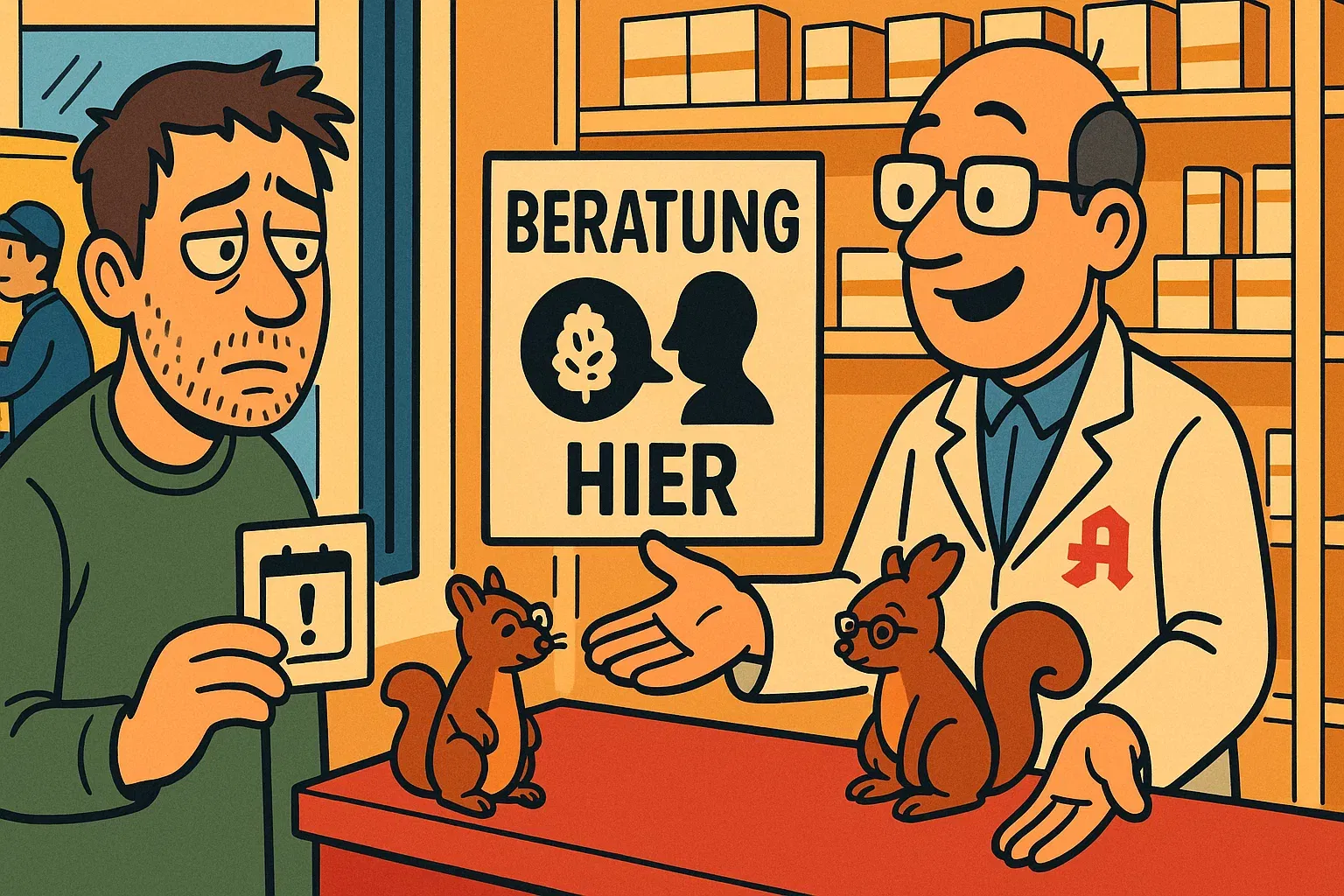 Ein Patient in der Apotheke, der persönlich beraten wird, während draußen ein Paketbote symbolisch abgewiesen wird.