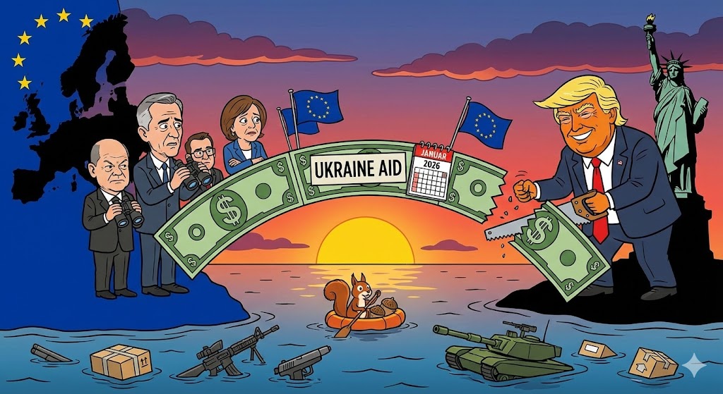 Satirische Karikatur: Zerbrochene Brücke aus Dollar-Scheinen über Ozean zwischen Europa und USA. EU-Politiker schauen besorgt, auf der US-Seite sägt breite Figur mit orangem Teint die Brücke durch. Eichhörnchen paddelt in Rettungsboot dazwischen mit Nüssen als Ruder.