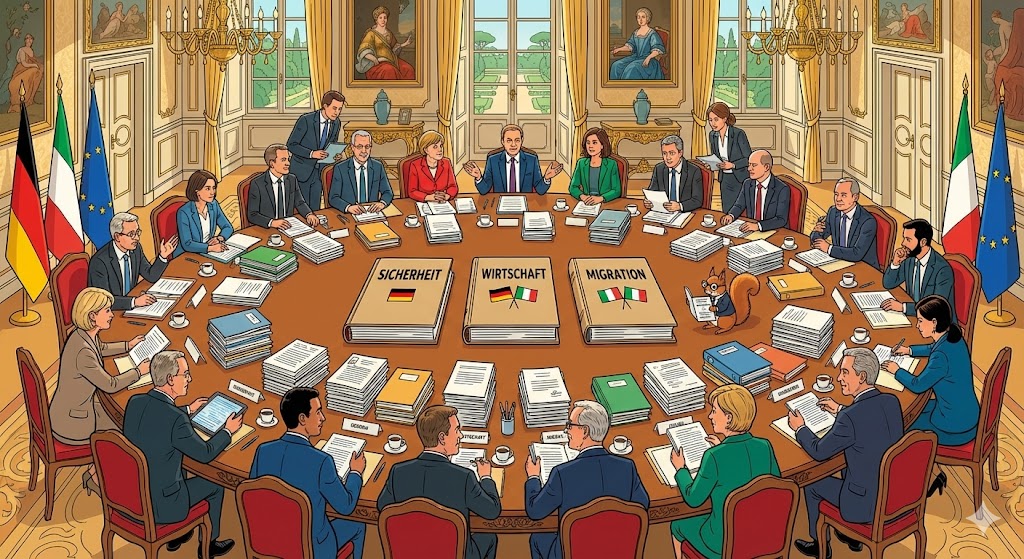 Illustration: Großer Konferenztisch in einem historischen Saal, viele Minister und Berater in Diskussion, italienische und deutsche Flaggen