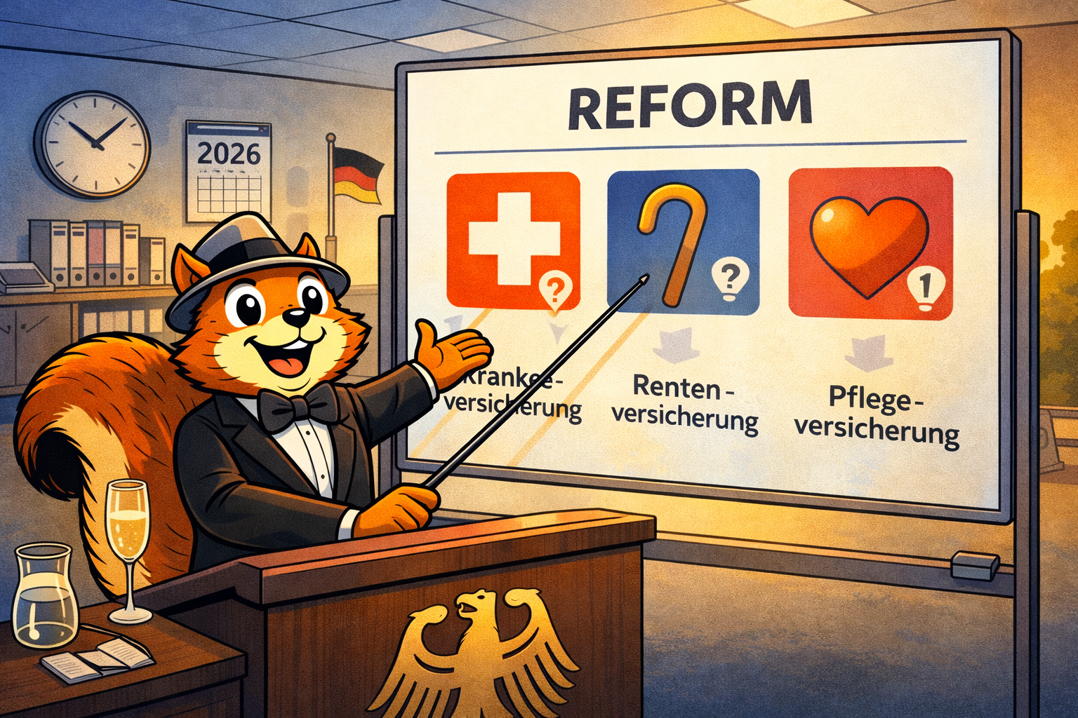 Karikatur: Eine gespaltene Deutschland-Karte – im Osten dunkle Wolken und AfD-Wahlplakate, im Westen Sonnenschein und Reformpläne.