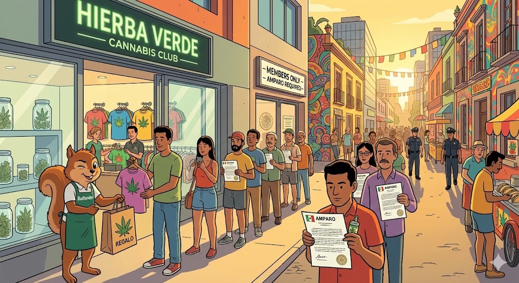 Satirische Illustration: Ein mexikanischer Cannabis-Shop mit 'Gift Economy'-Modell, T-Shirts als Tarnung für Cannabis-Verkauf