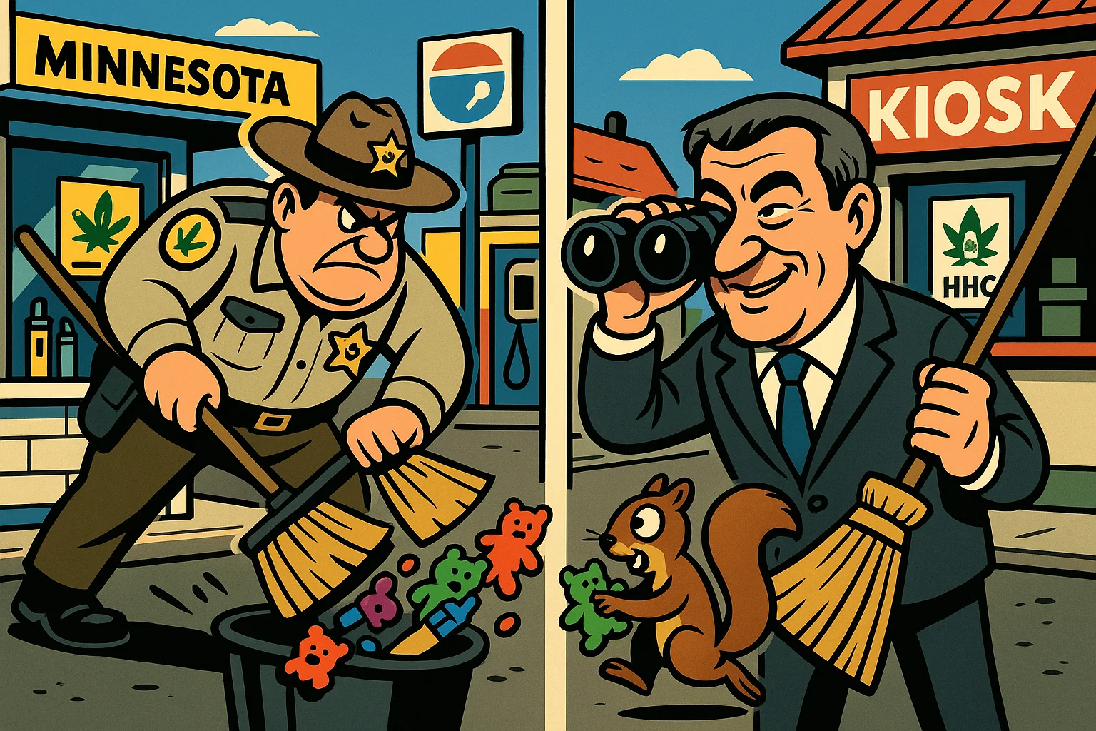 Symbolbild: Ein großes, lizenziertes Cannabis-Dispensary (Minnesota) kämpft gegen einen kleinen Kiosk, der Hanf-THC-Gummibärchen verkauft.