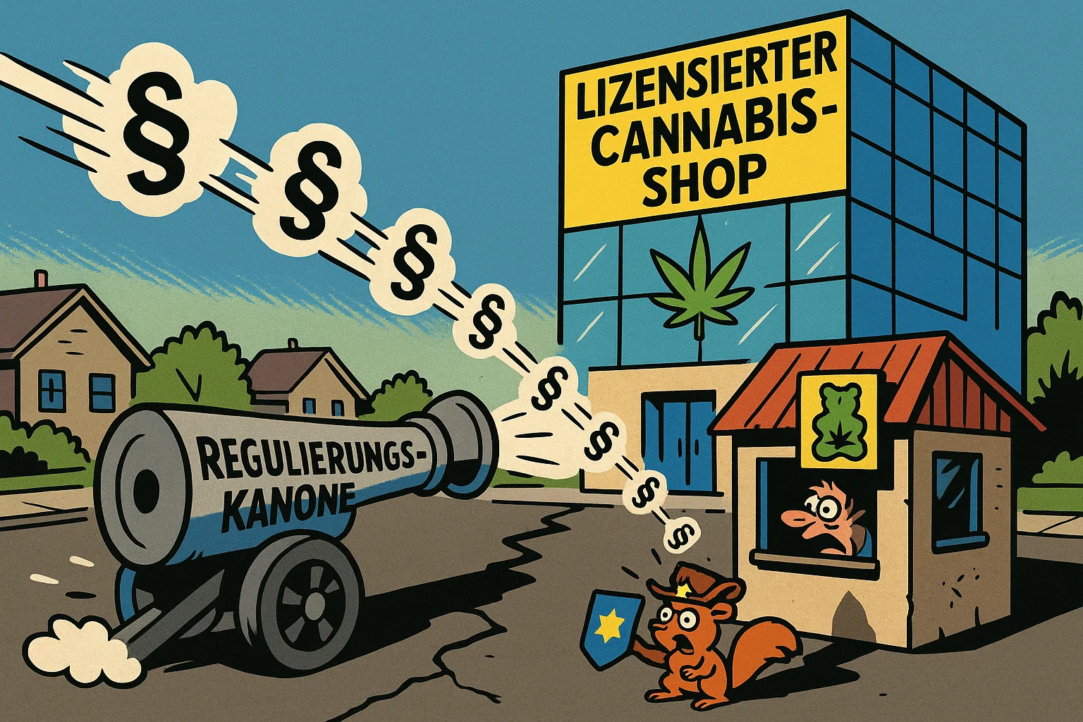 Eine Karikatur: Ein deutscher CDU-Politiker schaut einem US-Sheriff in Minnesota über die Schulter, der einen HHC-Vape-Shop schließt, und macht sich Notizen.