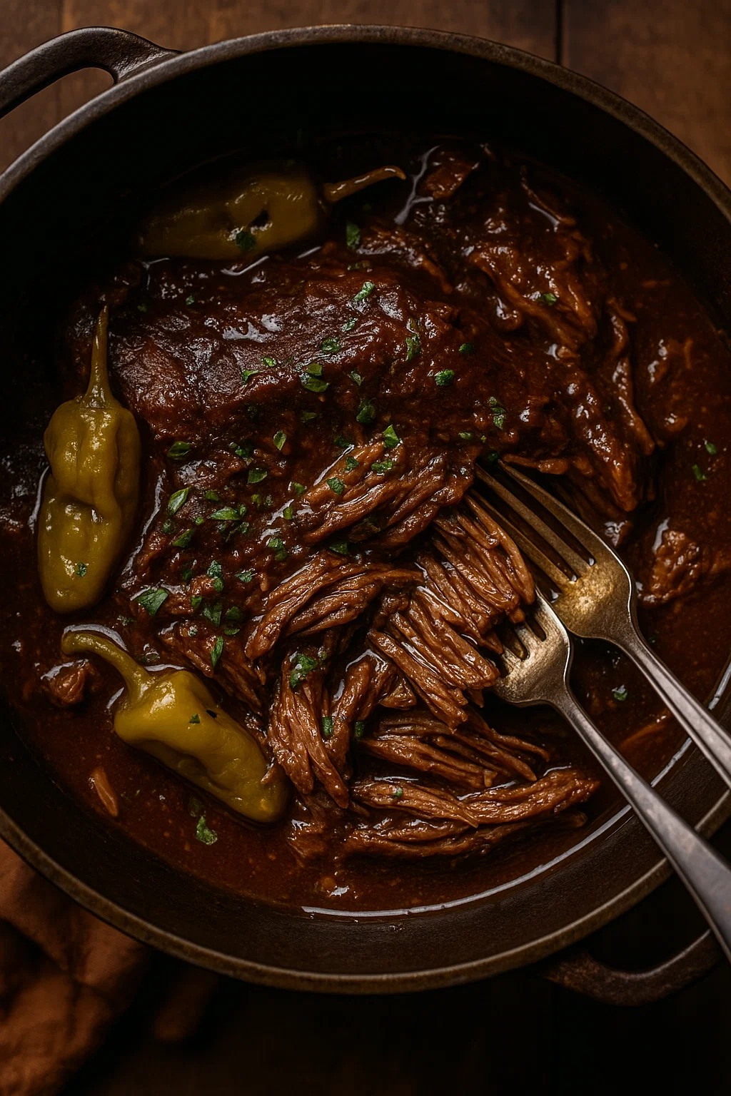 Mississippi Pot Roast - zartes, zerzupftes Rindfleisch in einer dunklen Soße