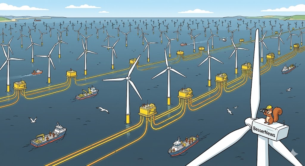 Illustration: Vogelperspektive auf die Nordsee mit gigantischen Offshore-Windparks, Stromleitungen und Schiffen