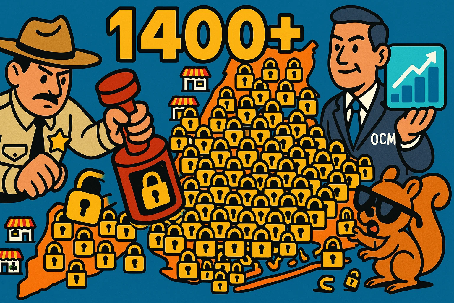 Satirische 2D-Infografik: Comic-NYC-Landkarte mit hunderten Shop-Piktogrammen überdeckt mit Padlock-Icons Whack-a-Mole-Stil, Sheriff stempelt LOCK, OCM-Beamter mit Hologramm-Balkendiagramm, 1400+ leuchtendes Symbol, Eichhörnchen mit Behördenbrille versiegelt Mini-Shops.