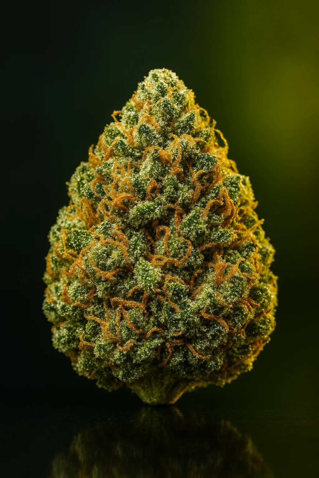 Dichte, hellgrüne Blüte von OG Kush mit orangefarbenen Haaren und vielen Trichomen