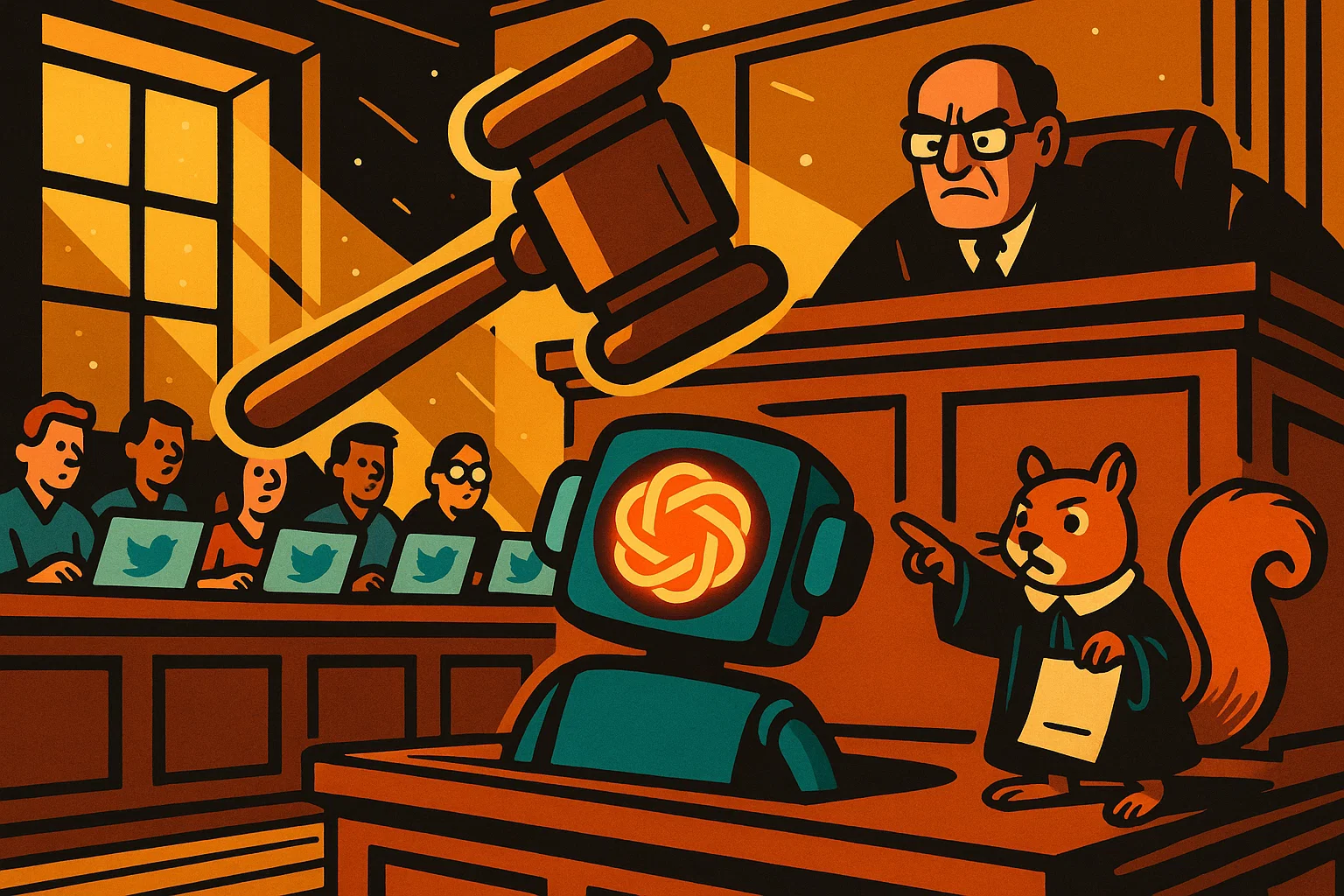 Gerichtssaal-Illustration mit KI-Piktogramm auf der Anklagebank