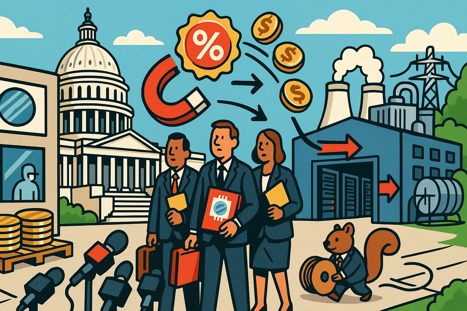 Satirische Capitol-Szene: Lobby-Treiben zwischen Chip-Fab und Rechenzentrum; Prozent-Badge zieht Investitionsmünzen zu Datacentern – CHIPS-Act-Erweiterung als Magnet.