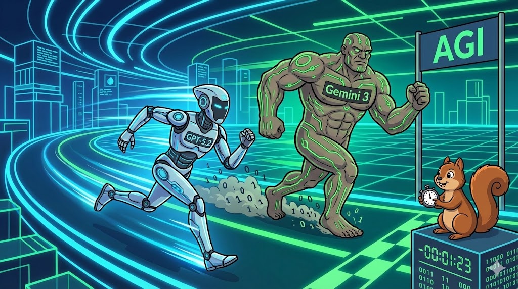 Satirische Karikatur: Ein schlanker GPT-5.2 Roboter liefert sich ein Rennen mit einem massiven Gemini 3 Titanen