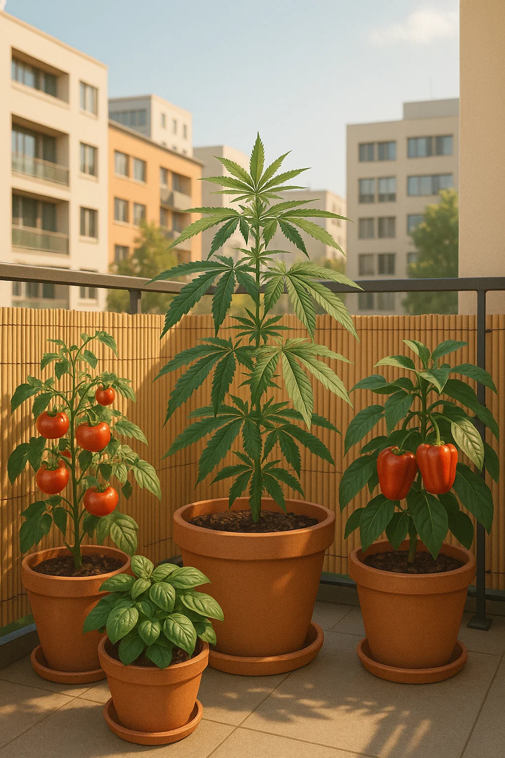 Cannabis Pflanzen wachsen diskret auf einem sonnigen Balkon zwischen Sonnenblumen und anderen Tarnpflanzen