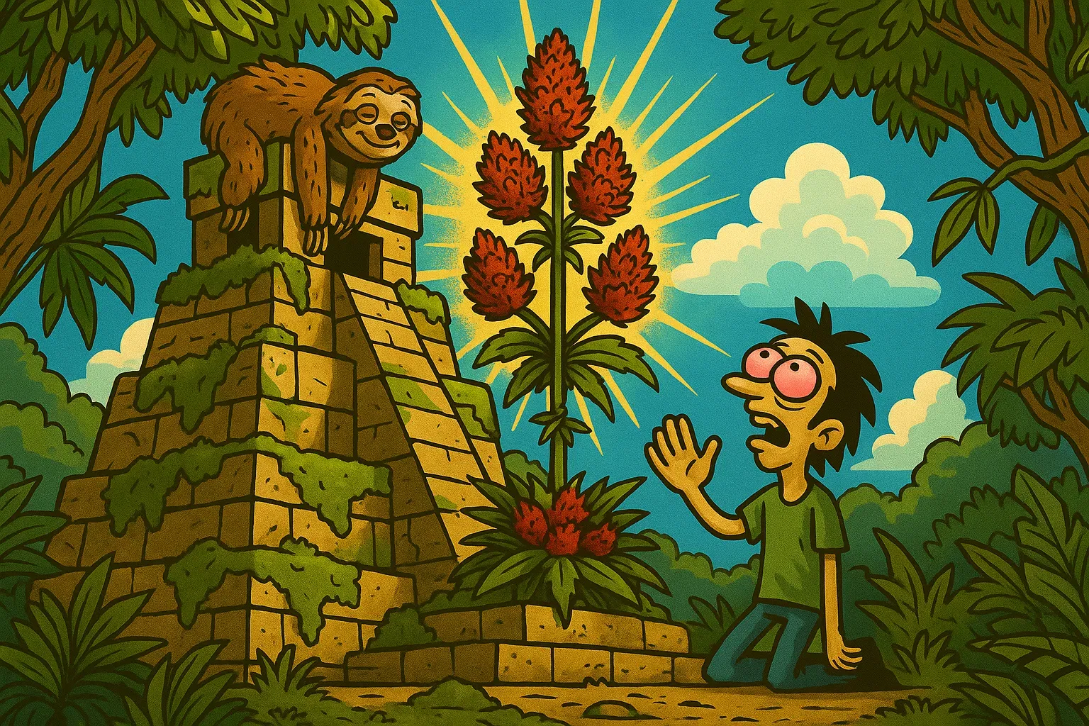 Comic: Held entdeckt leuchtende Panama Red Cannabis-Pflanze auf einer Maya-Ruine.