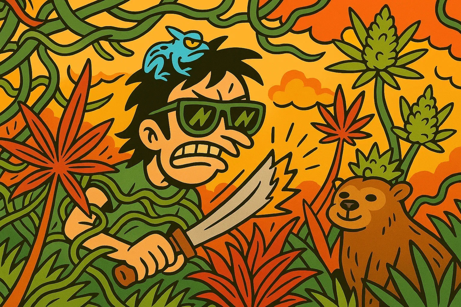 Comic: Held kämpft sich mit Machete durch den Dschungel, im Vordergrund rote Cannabis-Buds.