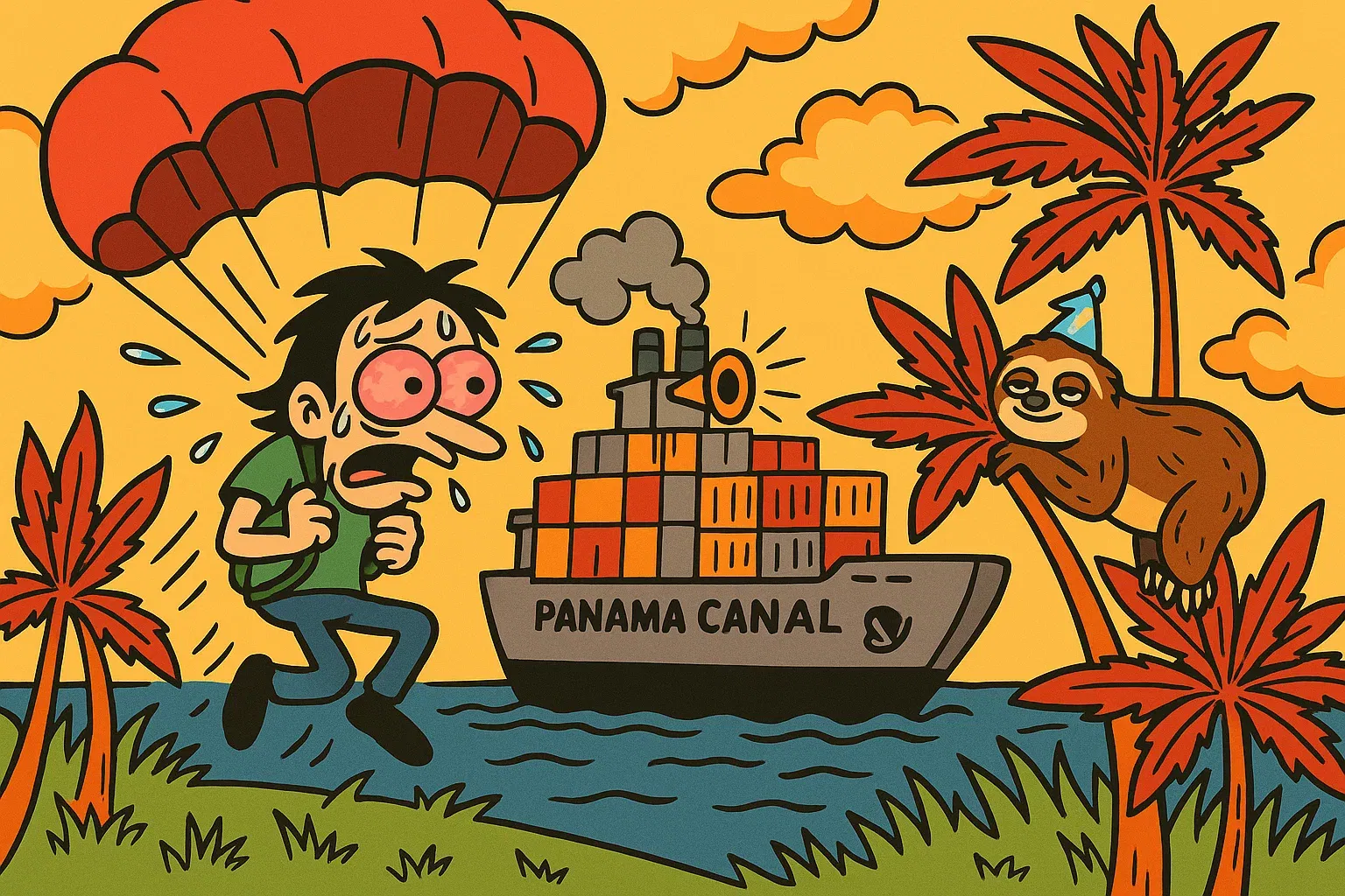 Held stürzt mit dem Fallschirm und roten Cannabis-Buds in Richtung Panama-Kanal.