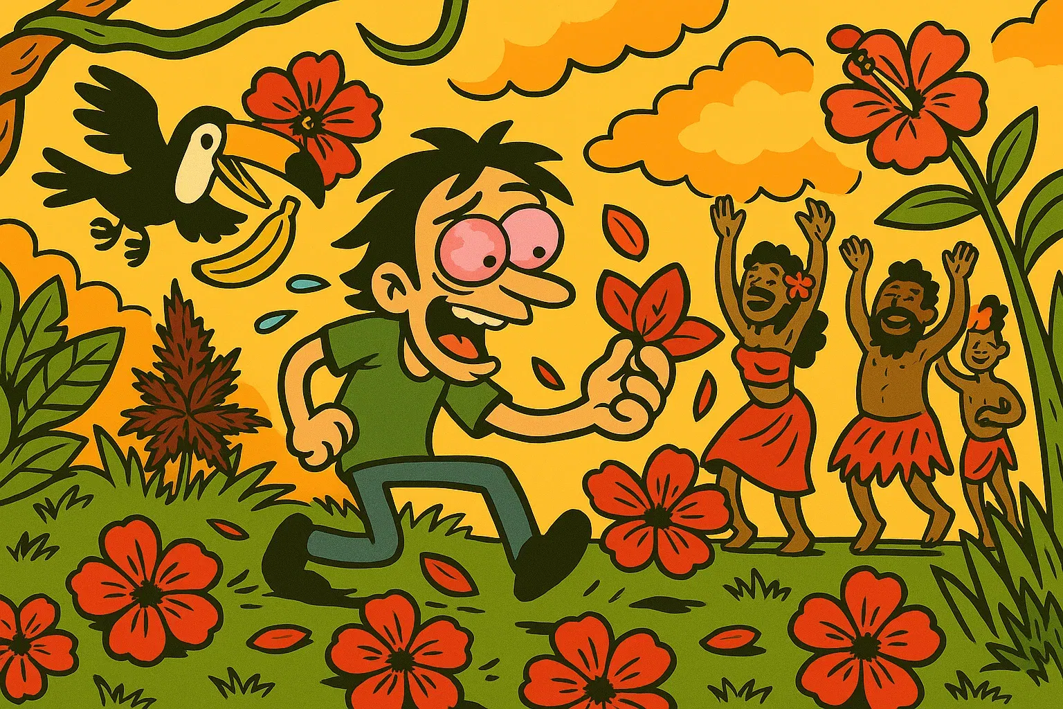 Comic: Held steht verwirrt auf einem Festival mit roten Blüten, auf der Suche nach Panama Red.