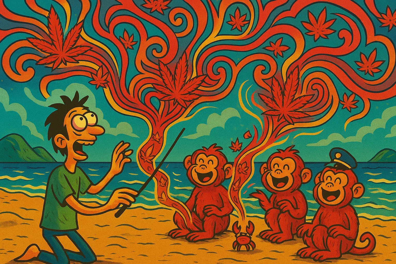Comic: Kiffer-Held dirigiert nach dem Rauchen von Panama Red ein Orchester aus Brüllaffen.