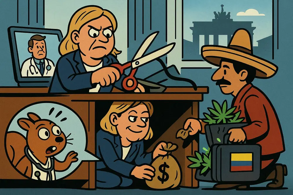 Symbolbild: Ein Liefercontainer voller Cannabisblüten, flankiert von der kolumbianischen und der deutschen Flagge, rollt ins Bild. Politiker diskutieren im Hintergrund.