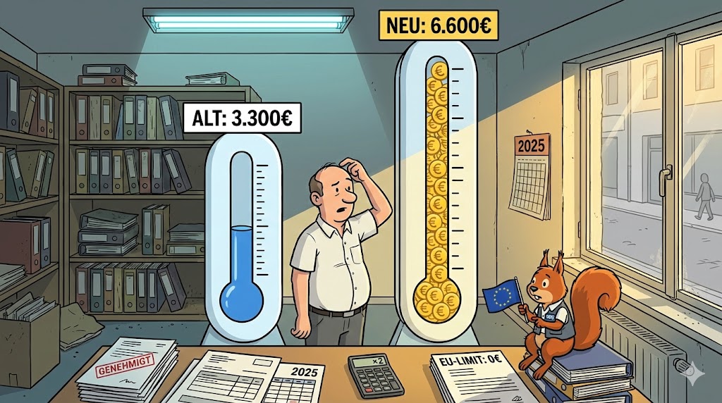 Infografik: Zwei Fundraising-Thermometer im Finanzamt zeigen den Anstieg der steuerlich geförderten Parteispenden von 3.300€ auf 6.600€.