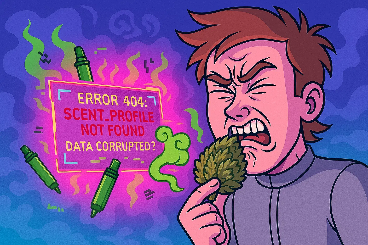Comic: Kais Gesicht verzieht sich beim Riechen, sein HUD zeigt 'ERROR: SCENT_CORRUPTED'.