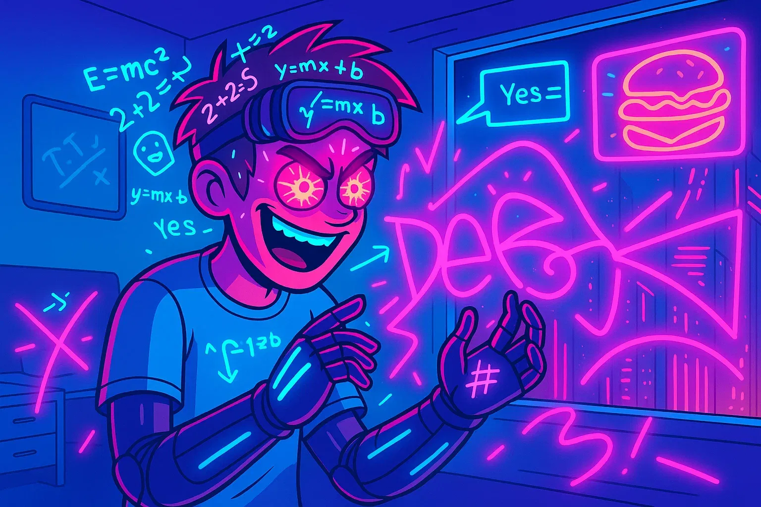 Comic: Kais Gehirn übertaktet, er malt mit leuchtenden Fingern Graffiti auf holographische Werbetafeln.