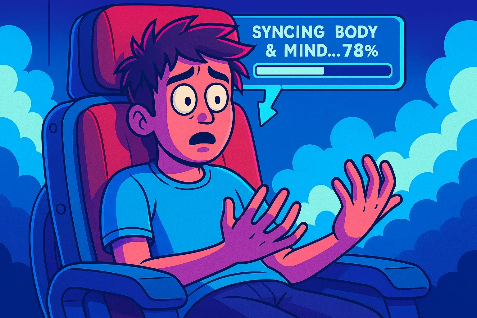 Comic: Kai spürt zum ersten Mal seinen Körper und sackt entspannt in seinem Stuhl zusammen, während sein digitales Ich buffert.
