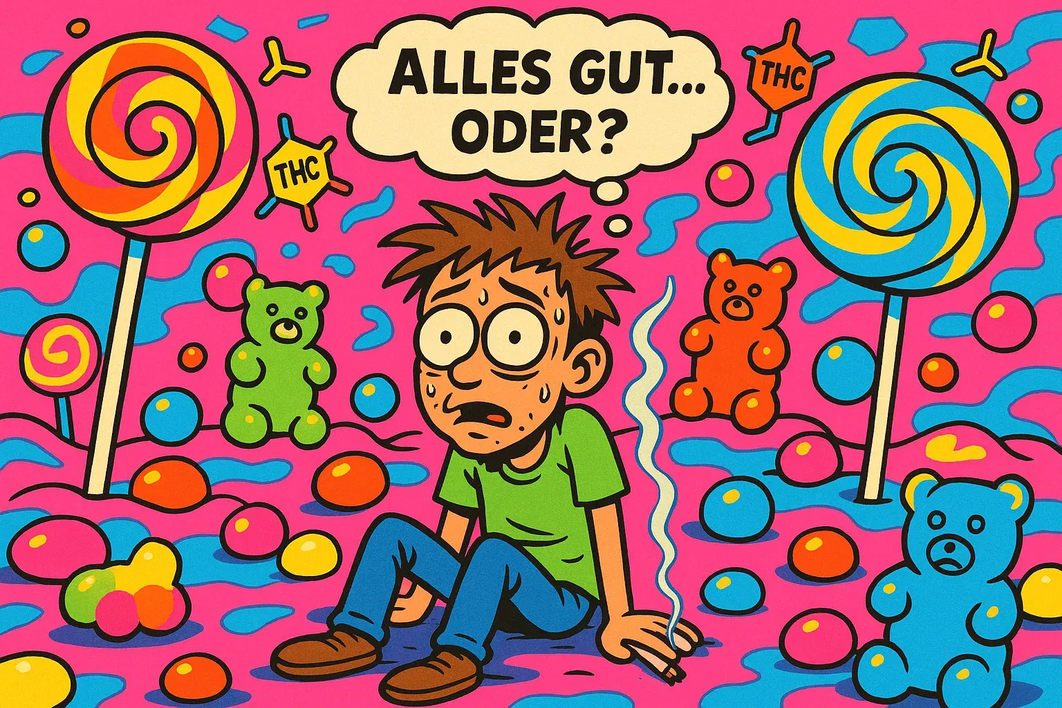 Karikatur: Candy Dream Land – junger Konsument im Bonbonland, Augen weit offen, überdosiert.