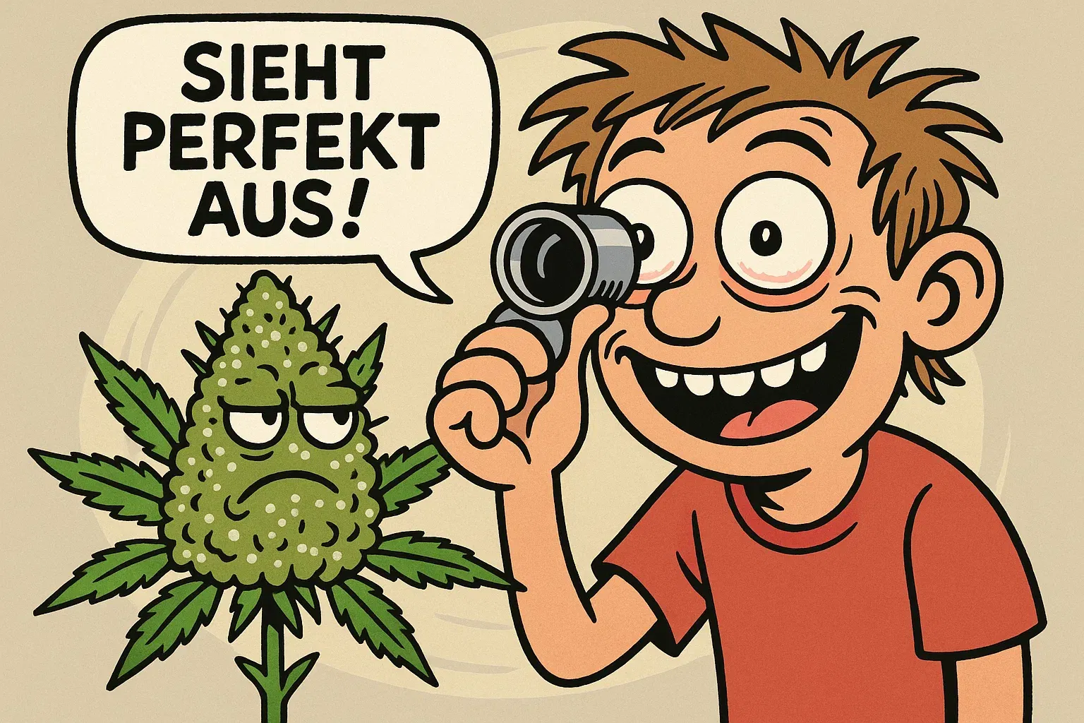 Karikatur: Bekiffter Konsument schaut mit Lupe an trichomreicher Pflanze vorbei – ‚Sieht perfekt aus!‘