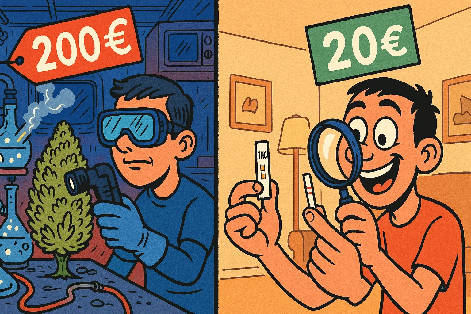 Karikatur: Split – Wohnwagenlabor (200 €) vs. Heimtest mit Lupe (20 €).