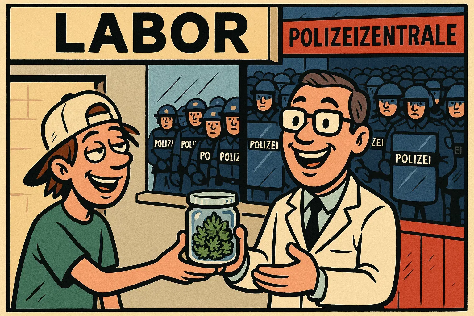 Karikatur: Apotheker nimmt Probe vor LABOR-Schild an, dahinter ‚POLIZEIZENTRALE‘ mit Hundertschaft.