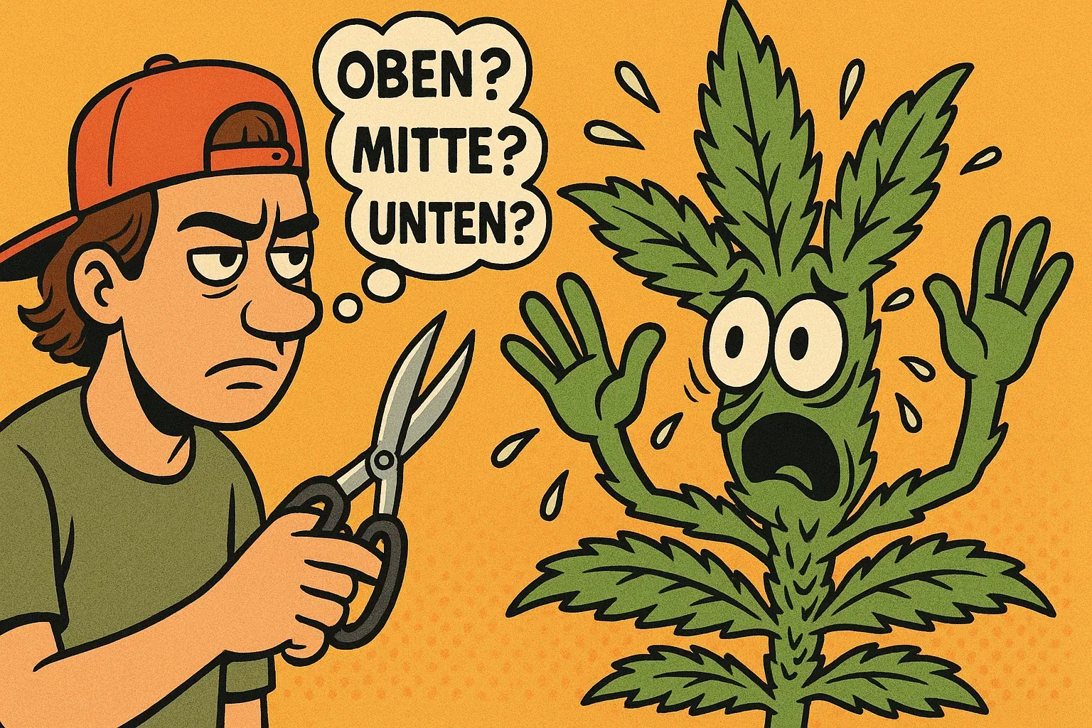 Karikatur: Grower mit Schere überlegt die perfekte Probenstelle, Pflanze in Panik.
