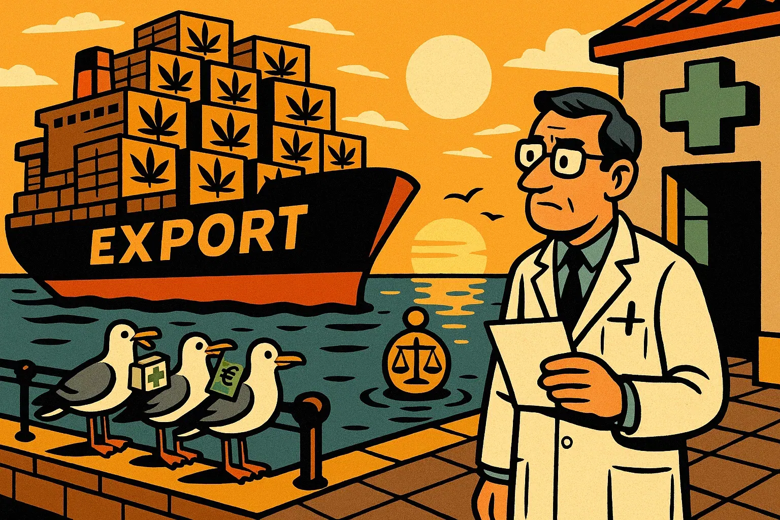Symbolbild: Frachter verlässt Portugals Küste (Export), während am Ufer eine Apotheke für Patient:innen entsteht.