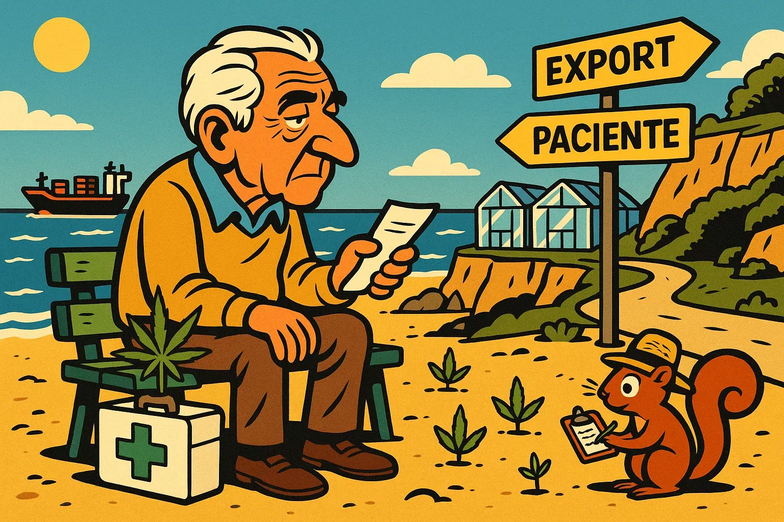 Illustration: Ein Patient blickt vom Strand in Portugal auf Felder, die mit 'Export' markiert sind; im Vordergrund ein kleines Apotheken-Schild.