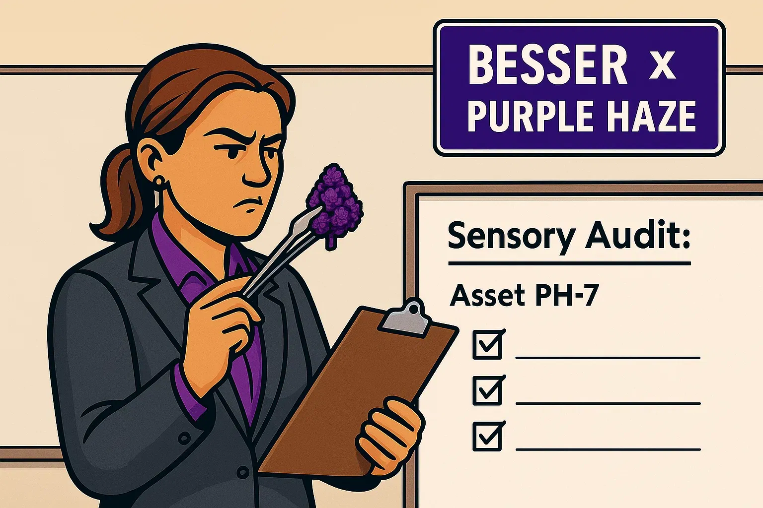 Comic: In einem sterilen Meetingraum schnuppert Brenda am Bud und macht Häkchen im Sensorik‑Audit.