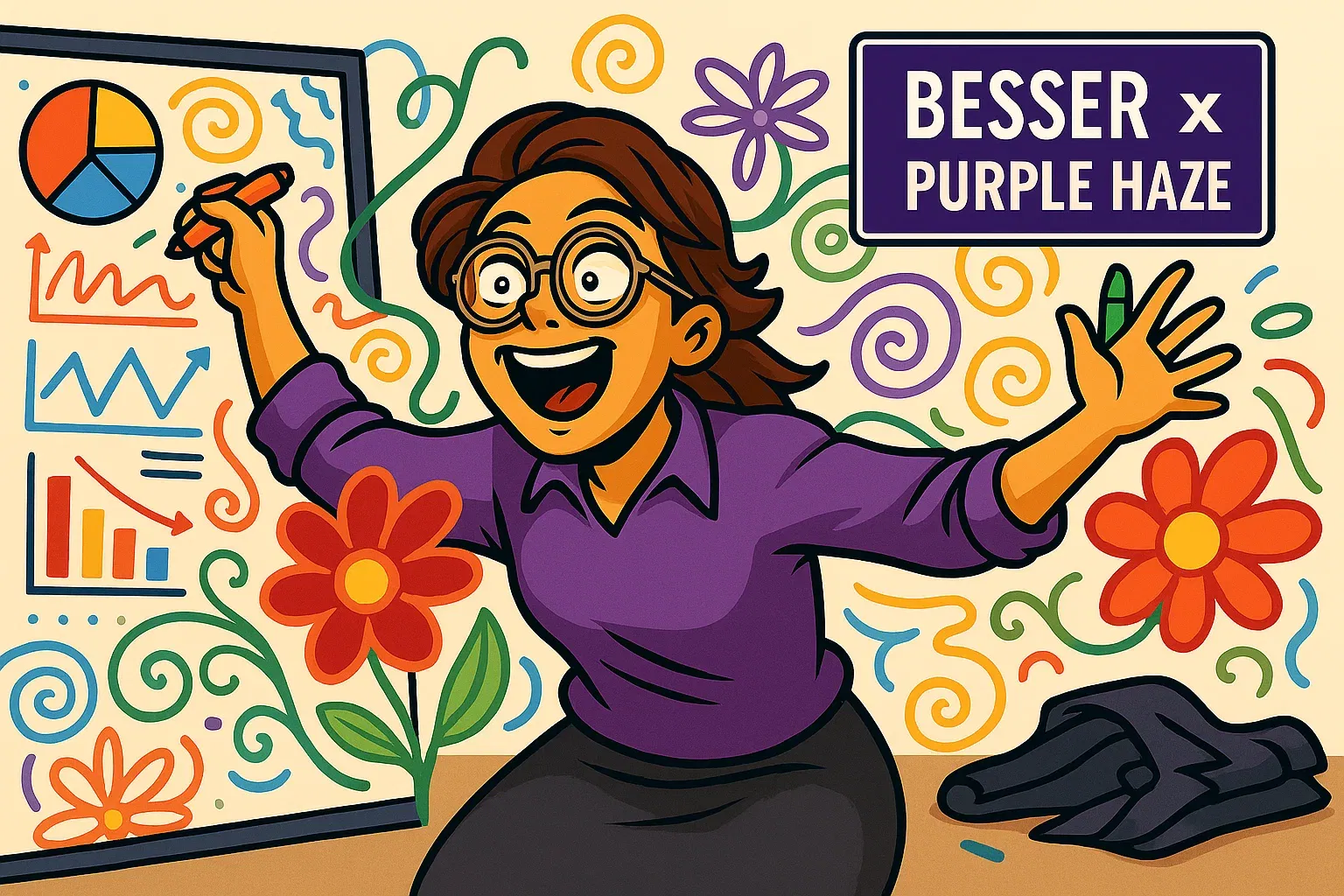 Comic: Brenda kritzelt Mindmaps und Blumen über Finanzcharts – Brainstorm im Overdrive.