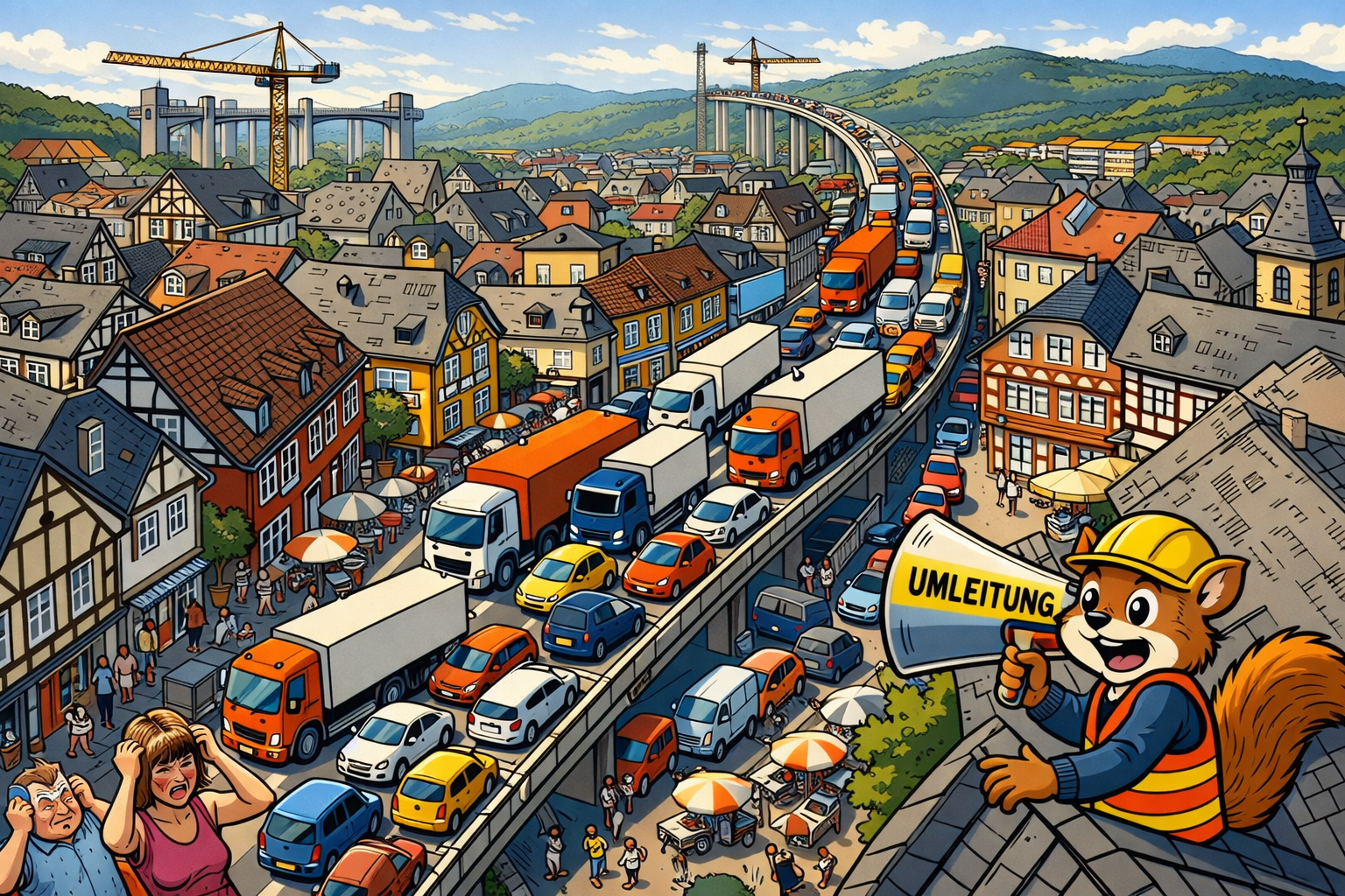 Karikatur: Riesige LKW-Schlange windet sich durch eine kleine Stadt, während im Hintergrund eine neue Brücke gebaut wird.