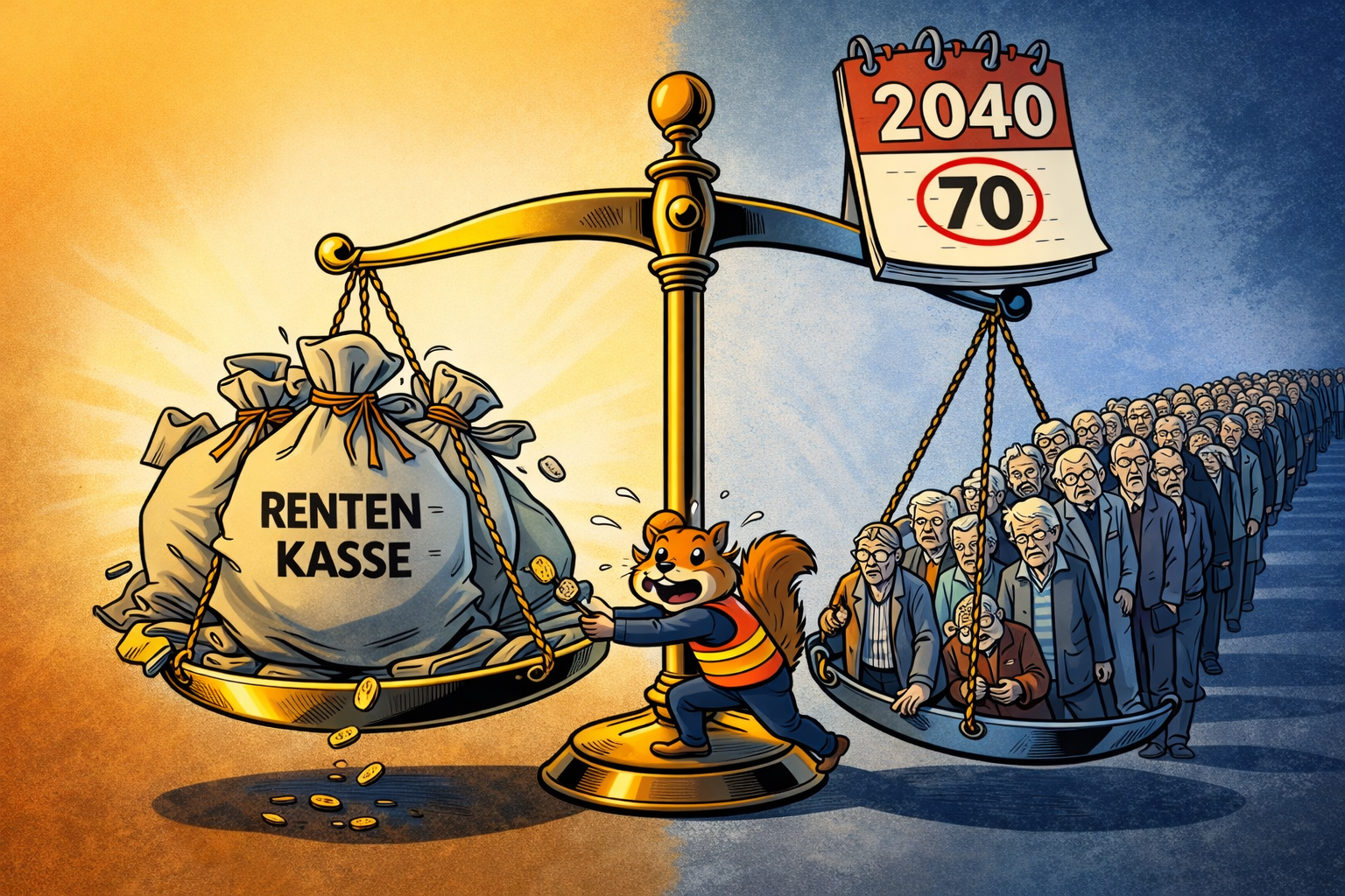 Karikatur: Eine Waage zeigt auf einer Seite einen Haufen Geld mit der Aufschrift 'Rentenkasse' und auf der anderen Seite eine lange Schlange alter Menschen.