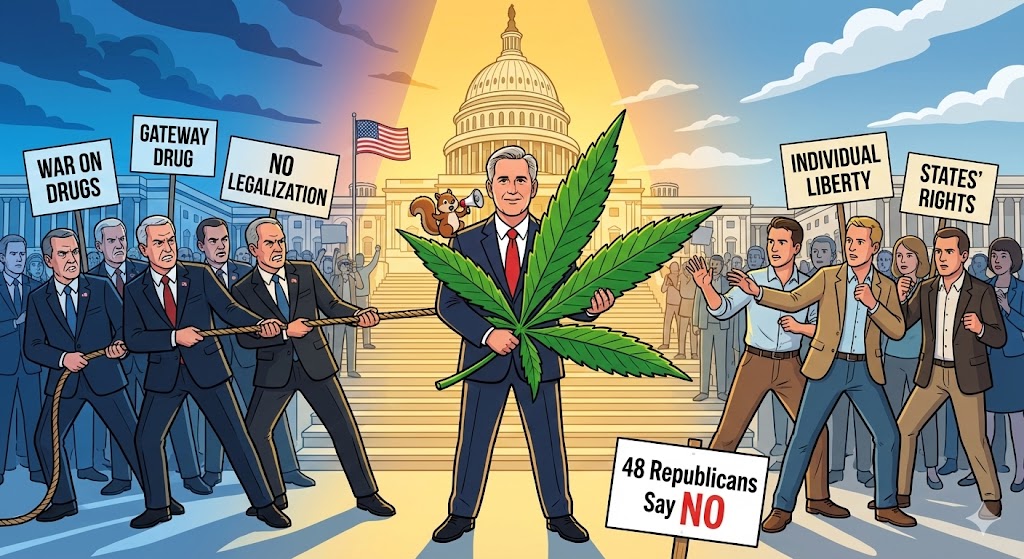 Satirische Illustration: Trump steht zwischen zwei republikanischen Gruppen, die an einem Cannabis-Joint in entgegengesetzte Richtungen ziehen