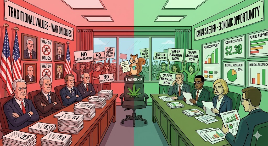 Illustration: Republikanische Kongressabgeordnete im Hintergrund protestieren gegen Trump im Vordergrund