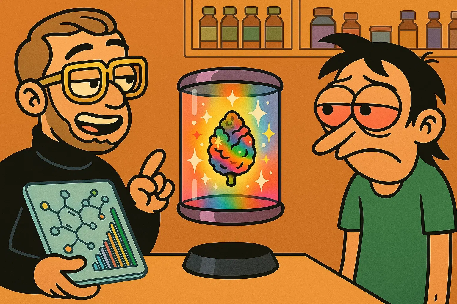Comic: Ein übermotivierter Budtender präsentiert einen einzelnen RS11 Bud in einer Schwebevitrine.