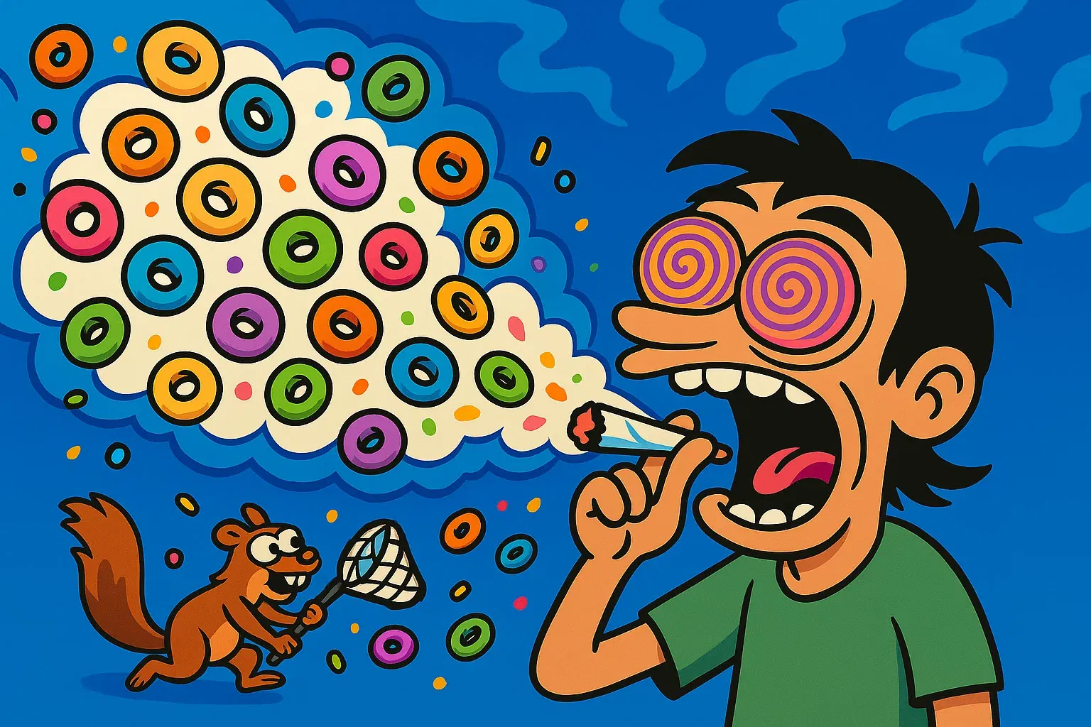 Comic: Eine Geschmacksexplosion aus bunten Frühstücksflocken kommt aus dem Mund des Helden.