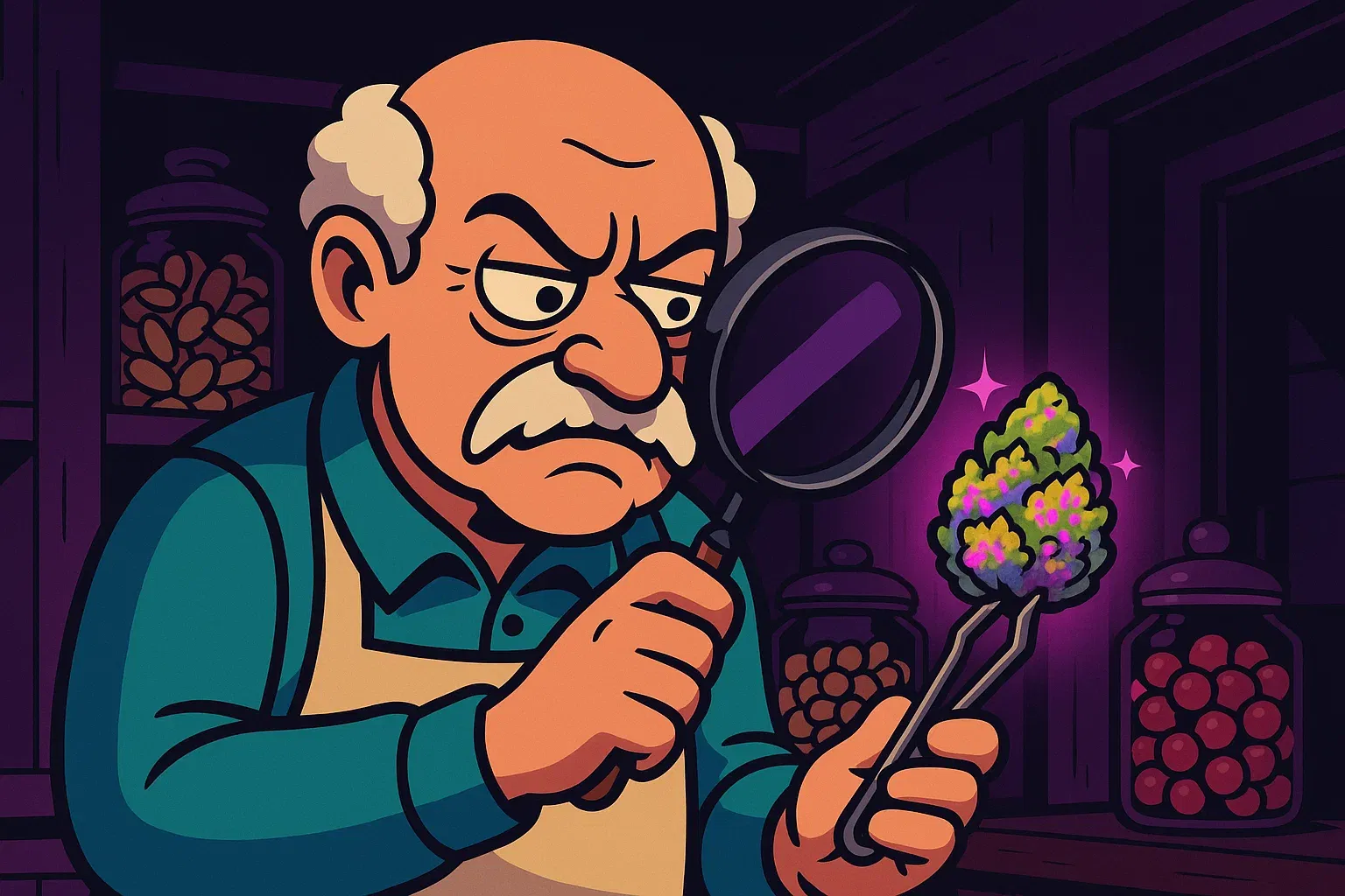 Comic: Karl inspiziert einen Runtz-Bud mit einer Zange und einem Vergrößerungsglas, voller Abscheu.