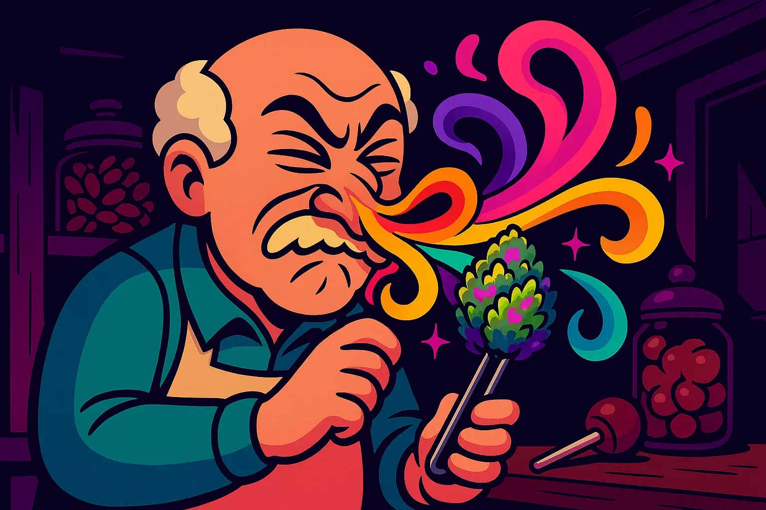 Comic: Karl riecht am Bud und wird von einer Welle aus bunten, süßen Aromen getroffen, die er verabscheut.