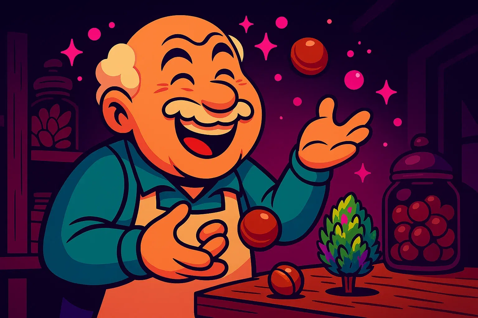 Comic: Karl jongliert plötzlich lachend mit seinen langweiligen Bonbons, umgeben von bunten Sternen.