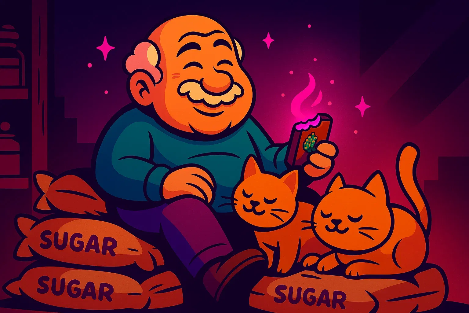 Comic: Karl sitzt entspannt auf Zuckersäcken und teilt sein Runtz-Bonbon mit einer Katze.