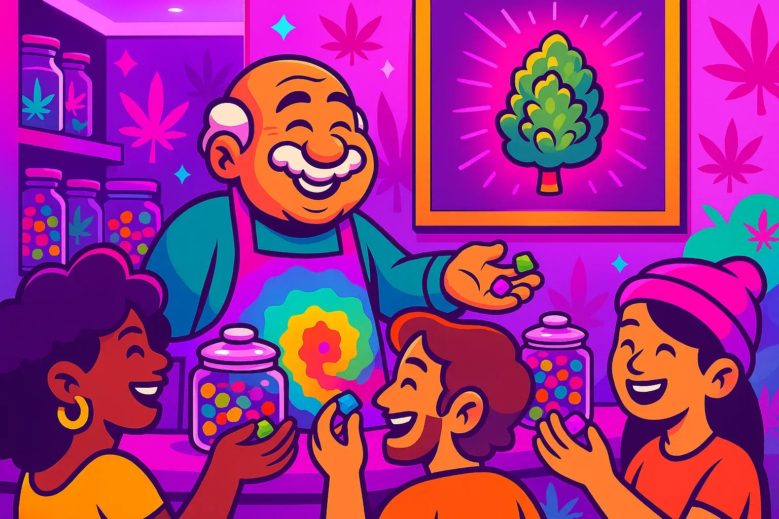 Comic: Karl hat seinen Laden in einen bunten Candy-Dispensary umgebaut und ist glücklich.