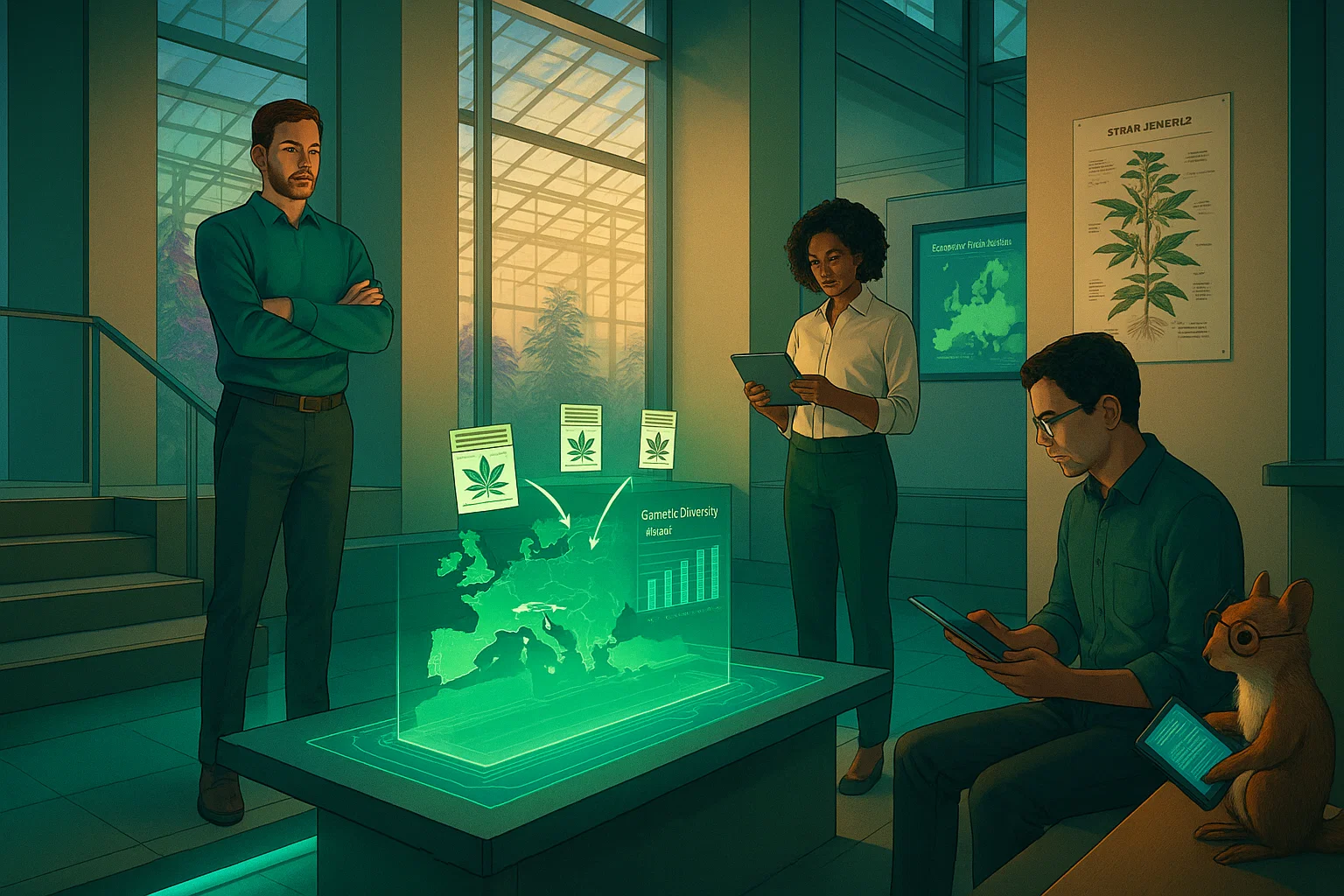 Strategieraum: Vier CSC-Analysten in modernem mehrstöckigen Planungszentrum mit Gewächshaus-Architektur, holographischer Europa-Karte zeigt Lieferketten-Resilienz, alle räumlich separiert in analytischen Arbeitspositionen.