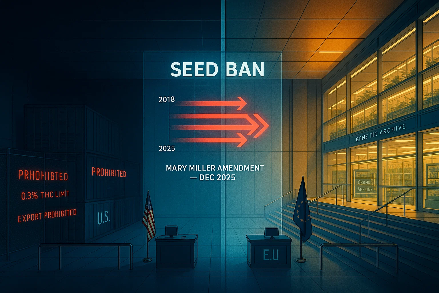Institutionelle Darstellung: Transparente Barriere trennt dunklen US-Zollbereich von hellem EU-Gewächshauskomplex, unterbrochene Handelspfeile visualisieren das Mary Miller Amendment.
