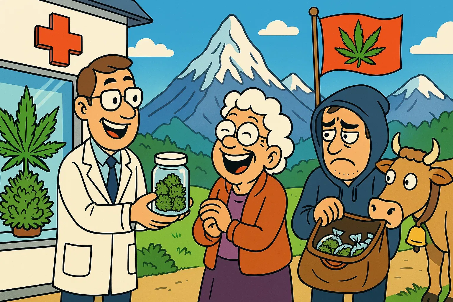Kurz erklärt: Schweizer Cannabis-Pilot in Apotheken Karikatur: Schweizer Apotheke mit Cannabis-Glas, frustrierter Dealer daneben, Matterhorn im Hintergrund.